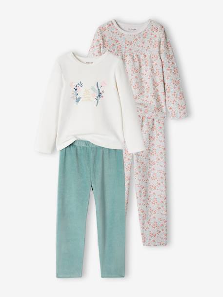 Pack of 2 Floral Velour Pyjamas for Girls BEIGE LIGHT SOLID WITH DESIGN - vertbaudet enfant 