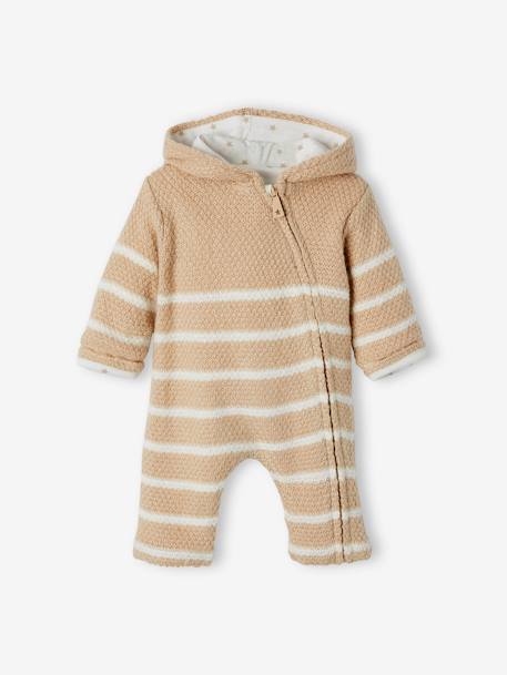 Knitted Jumpsuit for Newborn Babies, Lined BEIGE MEDIUM STRIPED+White Stripes - vertbaudet enfant 