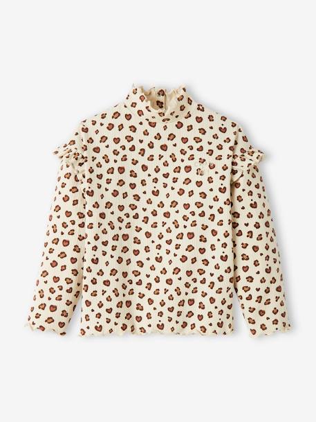 T-shirt col montant en maille côtelée fille manches volantées beige imprimé léopard+bleu marine+ocre - vertbaudet enfant 