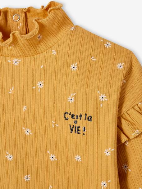 T-shirt col montant en maille côtelée fille manches volantées beige imprimé léopard+bleu marine+ocre - vertbaudet enfant 