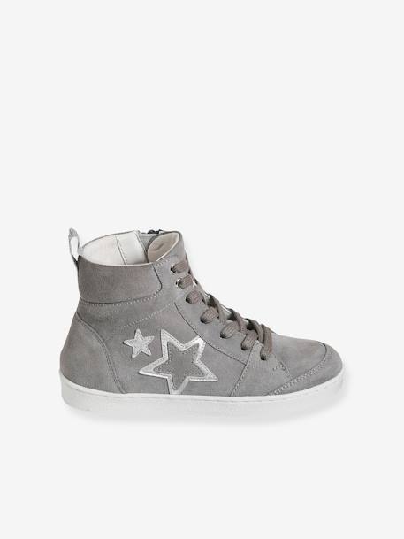 High-Top Leather Trainers with Laces & Zips for Girls BLUE DARK SOLID WITH DESIGN+GREY MEDIUM SOLID - vertbaudet enfant 