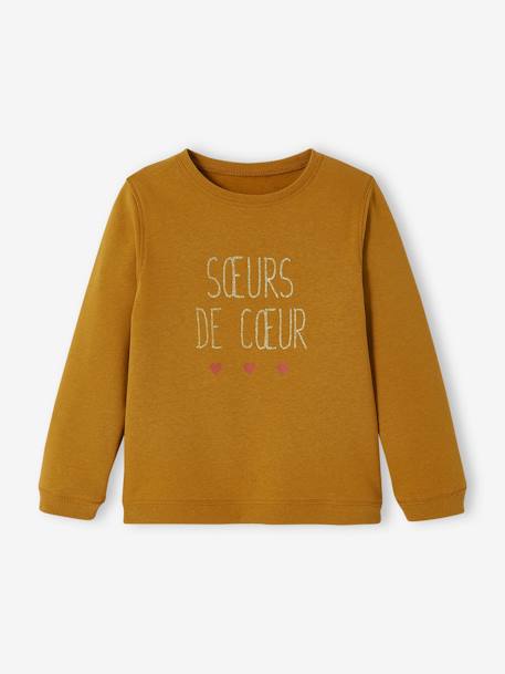 Sweatshirt with Message & Iridescent Details for Girls BROWN MEDIUM SOLID WITH DESIGN+chocolate+Red+rosy - vertbaudet enfant 