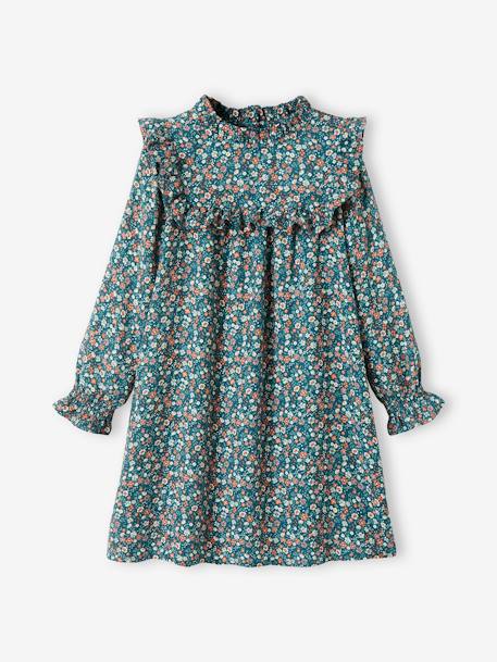 Dress with Ruffles, Floral Print, for Girls BROWN DARK ALL OVER PRINTED+GREEN DARK ALL OVER PRINTED - vertbaudet enfant 
