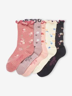 Pack of 5 pairs of Ruffled Socks with Flowers, for Girls  - vertbaudet enfant