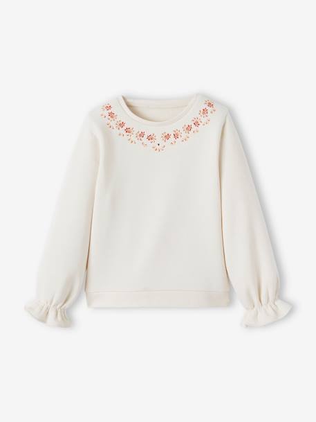 Sweatshirt with Floral Embroidery, for Girls WHITE MEDIUM SOLID WITH DESIGN - vertbaudet enfant 