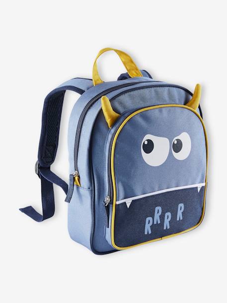 Pre-School 'Monster' Backpack, Details in Relief, for Boys BLUE MEDIUM SOLID WITH DESIGN - vertbaudet enfant 