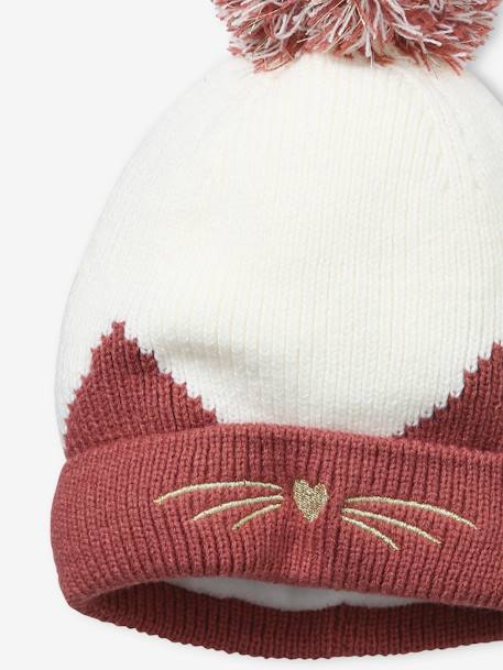Rib Knit Beanie with Embroidered Cat PINK DARK SOLID WITH DESIGN - vertbaudet enfant 
