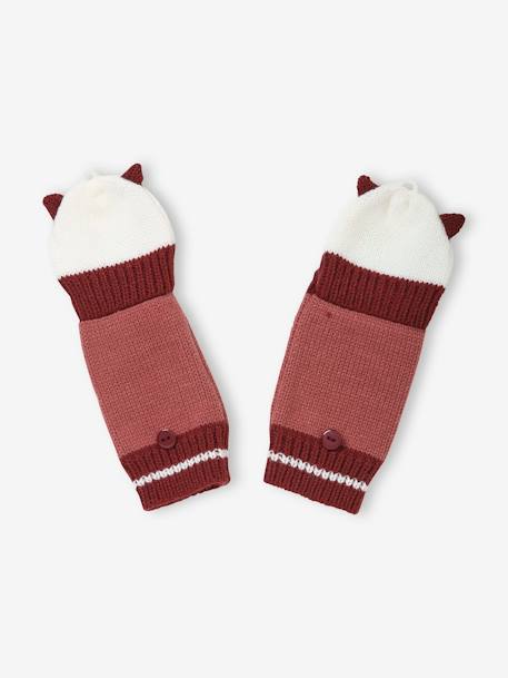 Knitted Gloves/Mittens, Embroidered Cat, for Girls PINK DARK SOLID WITH DESIGN - vertbaudet enfant 