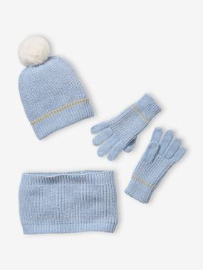 -Knitted Beanie + Snood + Gloves Set for Girls