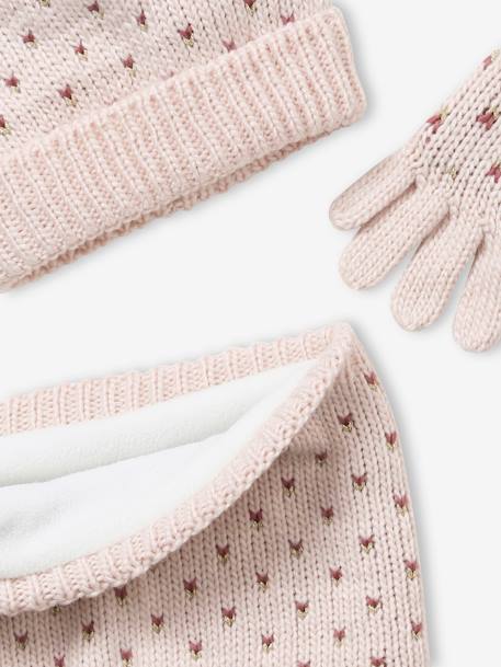 Beanie + Snood + Gloves with Hearts Set for Girls PINK LIGHT SOLID WITH DESIGN - vertbaudet enfant 