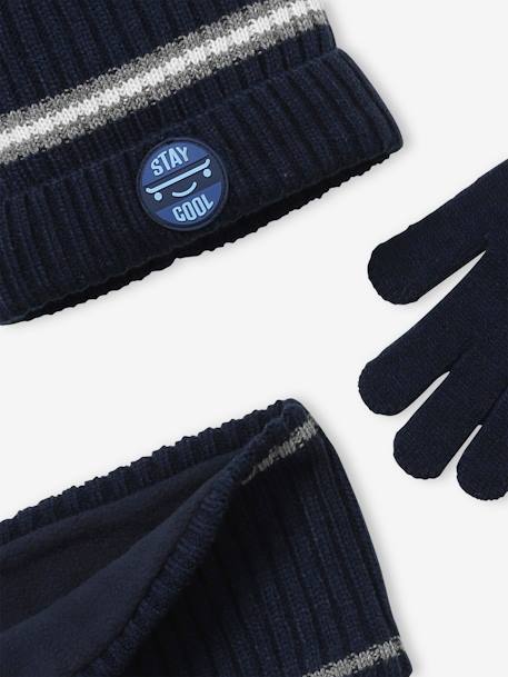 Beanie + Snood + Gloves Set in Rib Knit for Boys BLUE DARK TWO COLOR/MULTICOL+GREY MEDIUM TWO COLOR/MULTICOL - vertbaudet enfant 