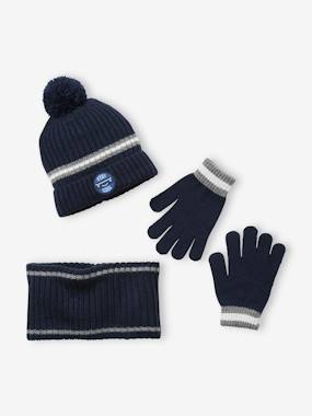 Boys-Accessories-Winter Hats, Scarves & Gloves-Beanie + Snood + Gloves Set in Rib Knit for Boys