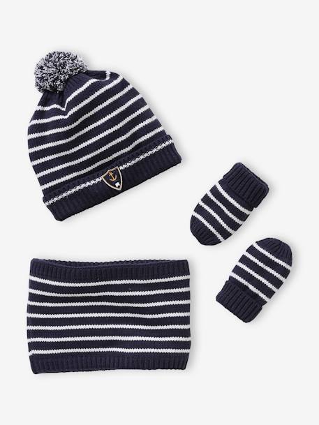 Striped Beanie + Snood + Mittens Set for Baby Boys BLUE BRIGHT 2 COLOR/MULTICOL - vertbaudet enfant 