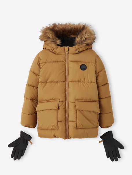 Hooded Jacket Lined in Polar Fleece, with Gloves, for Boys BLUE MEDIUM SOLID WITH DESIGN+BROWN MEDIUM SOLID WITH DESIGN - vertbaudet enfant 