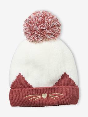 Girls-Accessories-Winter Hats, Scarves, Gloves & Mittens-Rib Knit Beanie with Embroidered Cat