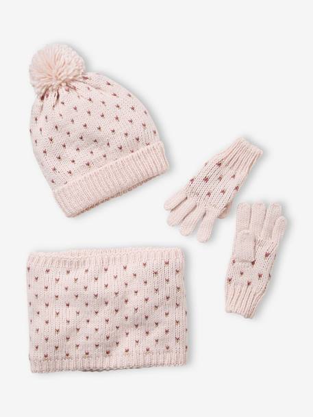 Beanie + Snood + Gloves with Hearts Set for Girls PINK LIGHT SOLID WITH DESIGN - vertbaudet enfant 