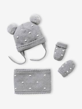 Baby-Accessories-Hats, scarves, gloves-Dotted Beanie + Snood + Mittens Set for Baby Girls