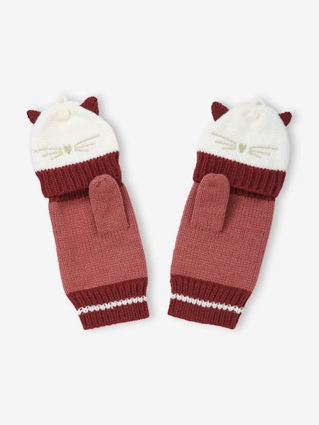 Knitted Gloves/Mittens, Embroidered Cat, for Girls PINK DARK SOLID WITH DESIGN - vertbaudet enfant 