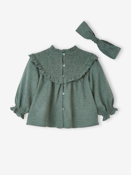 Smocked Blouse with Matching Headband GREEN DARK GREYED - vertbaudet enfant 