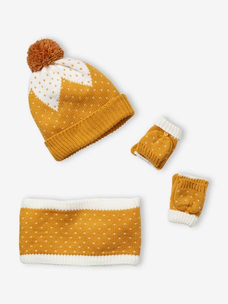 Ensemble bonnet + snood + gants maille jacquard dorée jaune imprimé - vertbaudet enfant 