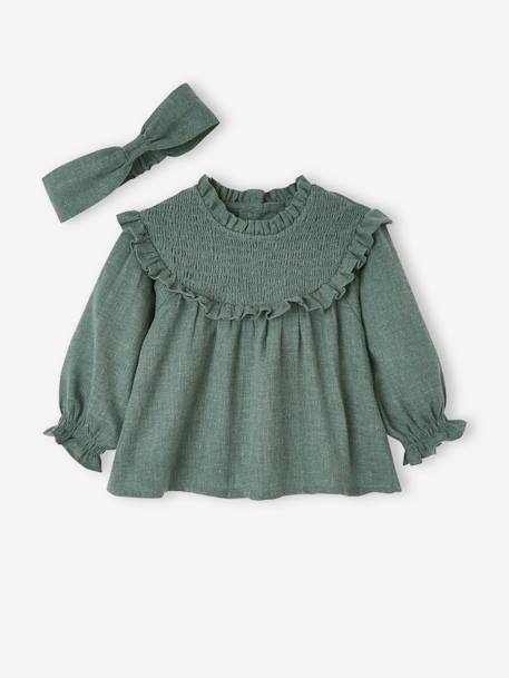 Smocked Blouse with Matching Headband GREEN DARK GREYED - vertbaudet enfant 