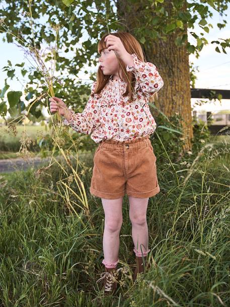 Paperbag Corduroy Shorts for Girls BLUE DARK SOLID+BROWN MEDIUM SOLID+dusky pink+GREEN DARK SOLID+PINK MEDIUM SOLID - vertbaudet enfant 