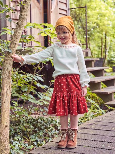Corduroy Skirt with Flowers & Iridescent Details, for Girls BROWN MEDIUM ALL OVER PRINTED - vertbaudet enfant 
