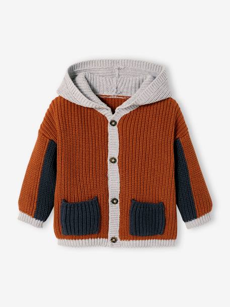 Knitted Cardigan with Hood, for Babies RED DARK SOLID WITH DESIGN - vertbaudet enfant 