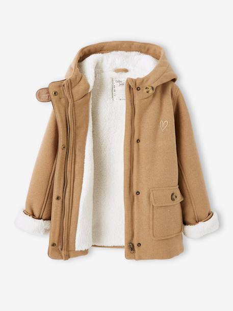 Manteau à capuche fille drap de laine doublé sherpa bordeaux+chamois+vert foncé - vertbaudet enfant 