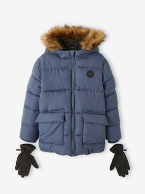 Boys-Coats & Jackets-Padded Jackets-Hooded Jacket Lined in Polar Fleece, with Gloves, for Boys