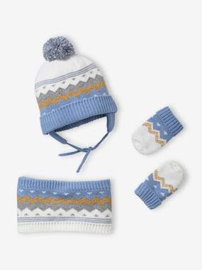 Baby-Accessories-Hats, scarves, gloves-Jacquard Knit Beanie + Snood + Mittens Set for Baby Boys