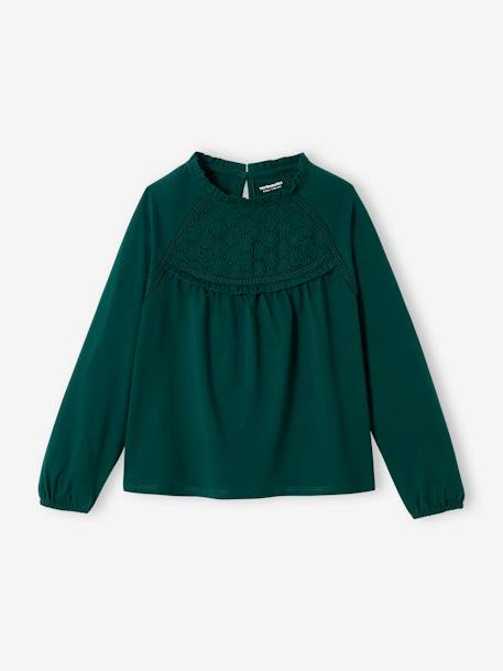 Top with Detail in Broderie Anglaise, for Girls GREEN DARK SOLID+PINK MEDIUM SOLID+PURPLE DARK SOLID - vertbaudet enfant 