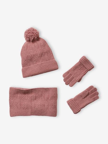 Ensemble fille bonnet, snood, gants en maille fantaisie gris chiné+ROSE - vertbaudet enfant 