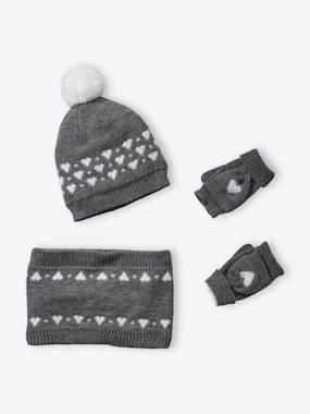 Fille-Accessoires-Bonnet, écharpe, gants-Ensemble bonnet + snood + moufles transformables en mitaines coeurs fille