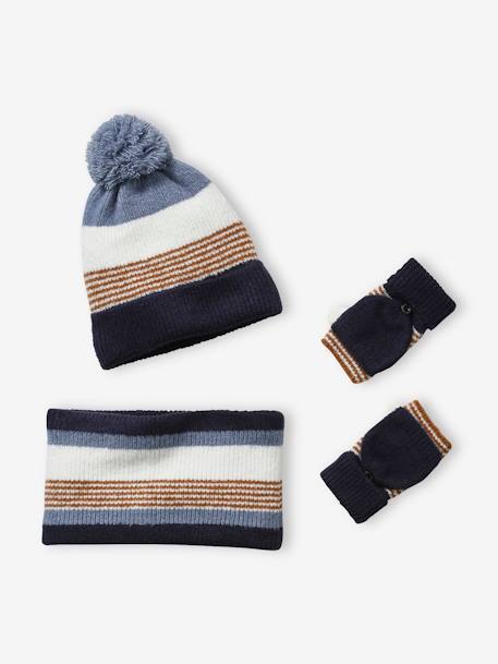 Striped Beanie + Snood + Gloves Set for Boys BLUE DARK TWO COLOR/MULTICOL - vertbaudet enfant 
