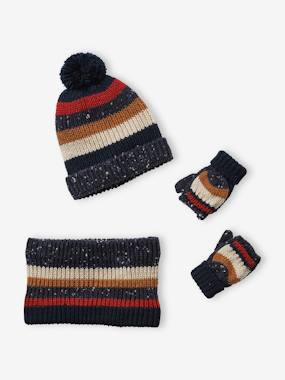-Striped Beanie + Snood + Gloves Set for Boys