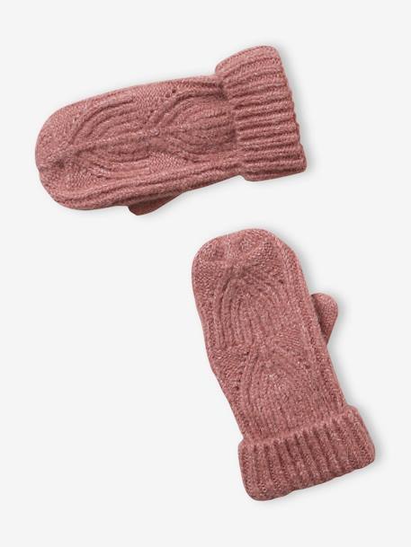 Ensemble fille bonnet, snood, gants en maille fantaisie gris chiné+ROSE - vertbaudet enfant 