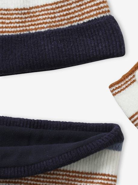 Striped Beanie + Snood + Gloves Set for Boys BLUE DARK TWO COLOR/MULTICOL - vertbaudet enfant 
