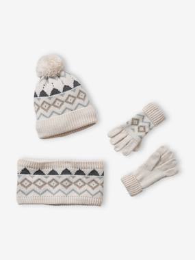 Boys-Accessories-Winter Hats, Scarves & Gloves-Jacquard Knit Beanie + Snood + Gloves Set for Boys
