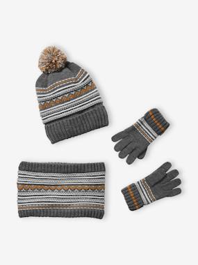 -Beanie + Snood + Mittens Set in Jacquard Knit, for Boys