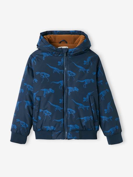 Hooded Jacket with Dinosaur Motifs & Polar Fleece Lining for Boys BLUE BRIGHT ALL OVER PRINTED - vertbaudet enfant 