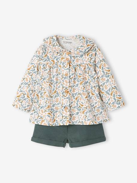Ensemble 3 pièces bébé fille tee-shirt, short velours et bandeau vert foncé - vertbaudet enfant 