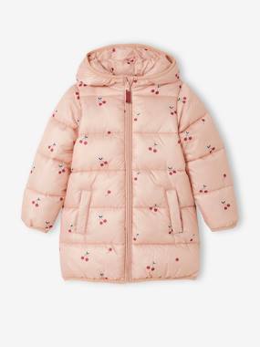 Girls-Coats & Jackets-Lightweight Padded Coat with Cherry Print for Girls