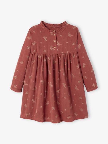 Printed Dress in Cotton Gauze for Girls BROWN DARK ALL OVER PRINTED+BROWN MEDIUM ALL OVER PRINTED+Green/Print+Grey/Print+Light Brown/Print - vertbaudet enfant 