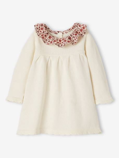 Robe en tricot bébé col en tissu fleuri ivoire - vertbaudet enfant 