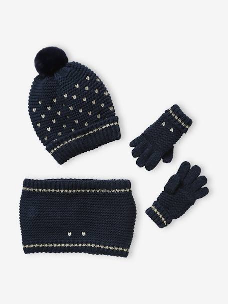 Beanie + Snood + Gloves Hearts Set For Girls BLUE DARK ALL OVER PRINTED - vertbaudet enfant 