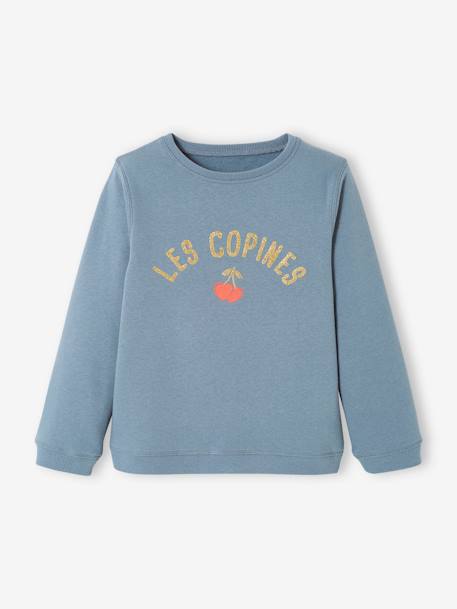 Sweatshirt with Message & Iridescent Details for Girls BLUE LIGHT SOLID+BLUE LIGHT SOLID WITH DESIGN+ecru+lilac+PINK LIGHT SOLID WITH DESIGN+PURPLE DARK SOLID WITH DESIGN+Red+rosy apricot+sweet pink - vertbaudet enfant 