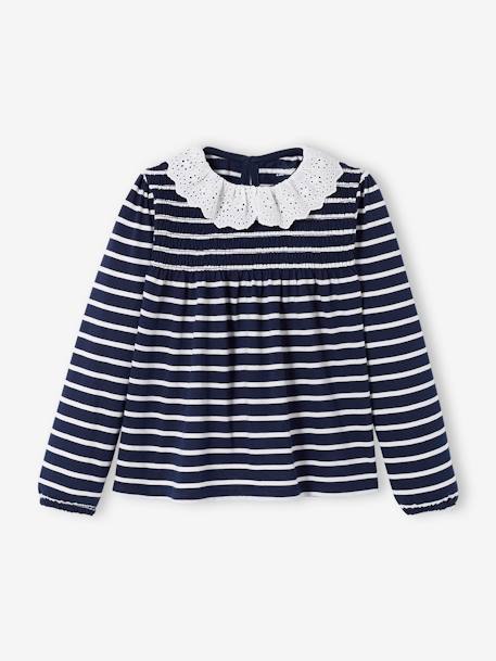 Blouse-like Top with Broderie Anglaise on the Collar, for Girls BLUE DARK STRIPED+rosy - vertbaudet enfant 