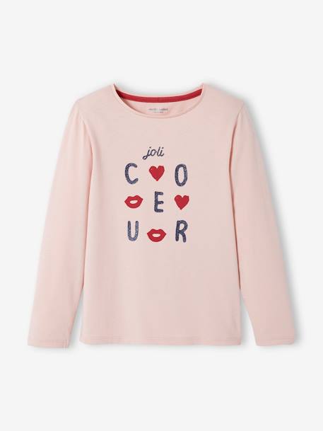 Long Sleeve Top with Iridescent Message for Girls PINK DARK SOLID WITH DESIGN - vertbaudet enfant 