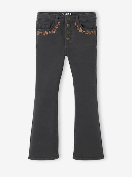 Flared Trousers with Embroidered Pockets for Girls BLACK DARK SOLID WITH DESIGN - vertbaudet enfant 